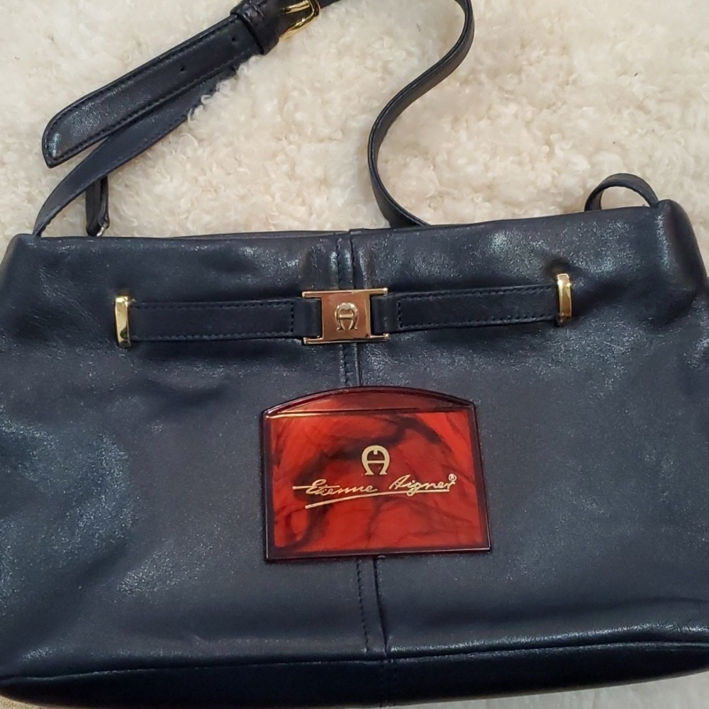 Etienne Aigner Black Leather Shoulder Bag with Gold Accents Plus Pocket Mirror